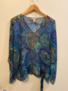 Vintage CACHE Blue SILK Sheer Paisley V-Neck Lightweight Blouse - L
